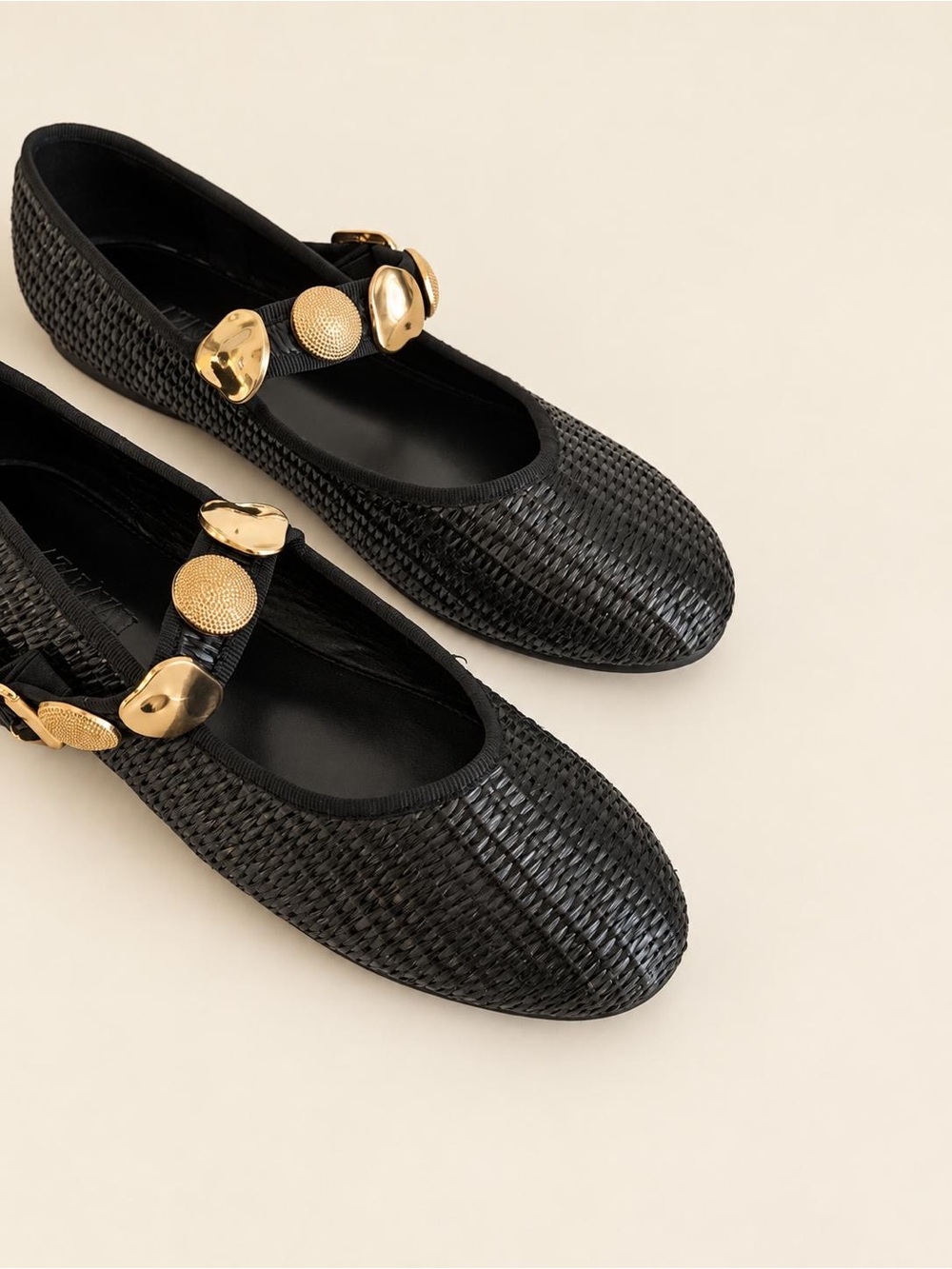 AZARAYAH Women’s Woven Mary Jane Flats with Gold-Tone Embellishments